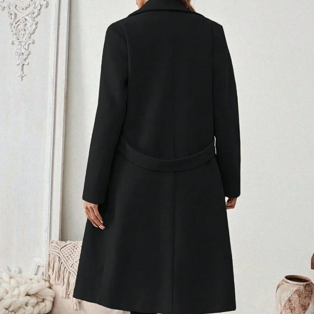 Black Casual Women's Flat Collar Pocket Belted Long Sleeve Coat Jacket
